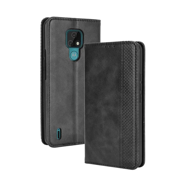 Винтажный Стиль Кошелька Подставка Для Кожи Для Телефона Для Motorola Moto E7 - Черный