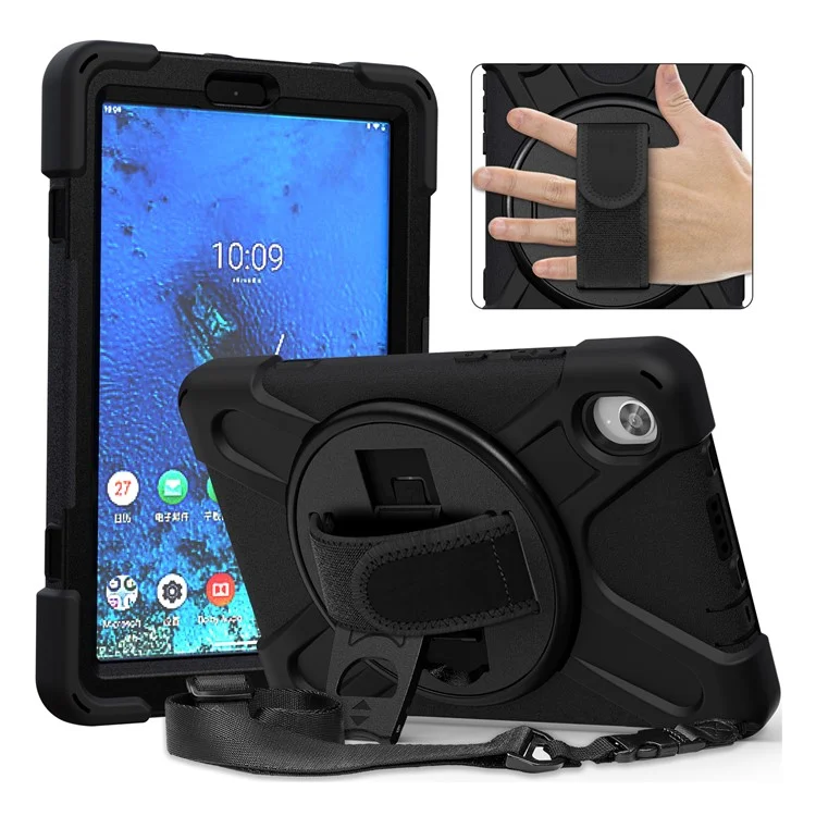 PC e Capa de Silicone para Tablet + Alça de Ombro + Faixa Manual + Suporte Giratório de 360° para Lenovo Tab M8 2020 - Preto