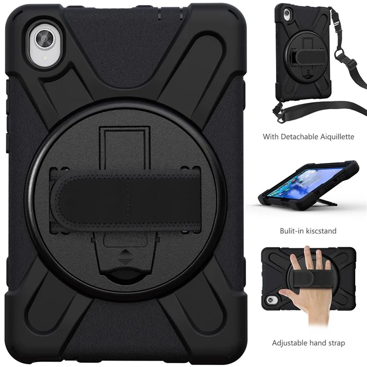PC e Capa de Silicone para Tablet + Alça de Ombro + Faixa Manual + Suporte Giratório de 360° para Lenovo Tab M8 2020 - Preto