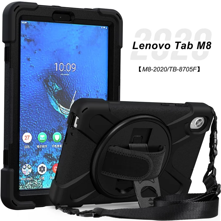 PC and Silicone Tablet Case + Shoulder Strap + Hand Band + 360° Swivel Kickstand for Lenovo Tab M8 2020 - Black