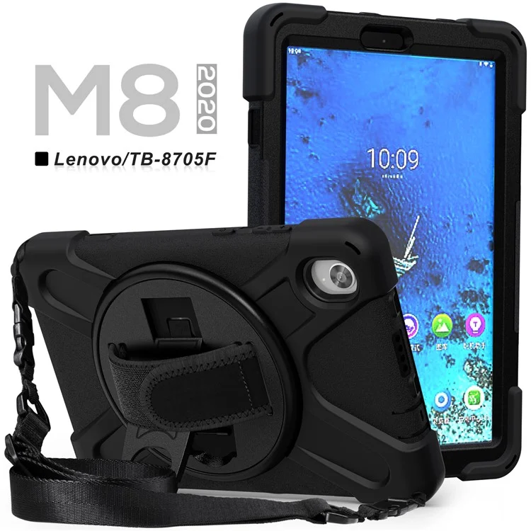 PC and Silicone Tablet Case + Shoulder Strap + Hand Band + 360° Swivel Kickstand for Lenovo Tab M8 2020 - Black