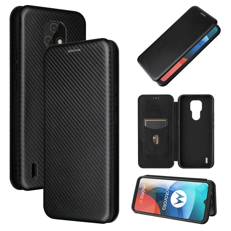 Auto-absorbed Stand Cover for Motorola Moto E7 Carbon Fiber Texture Leather Case - Black