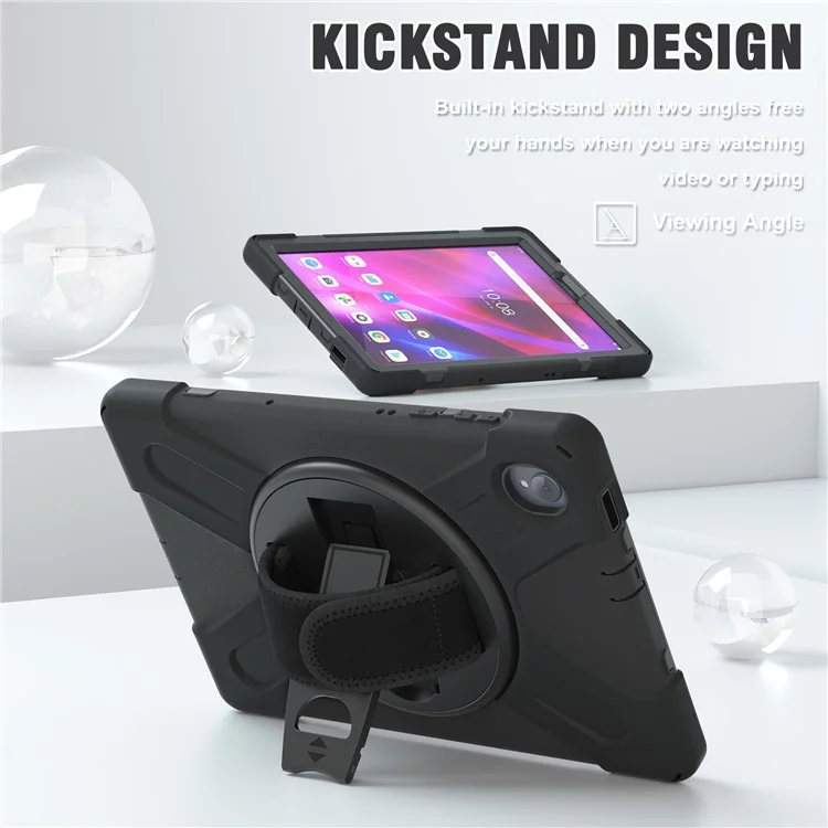 PC + Silicone Hybrid Protective Tablet Case with 360 Degree Swivel Kickstand Shoulder Strap for Lenovo Tab M10 Plus - Black