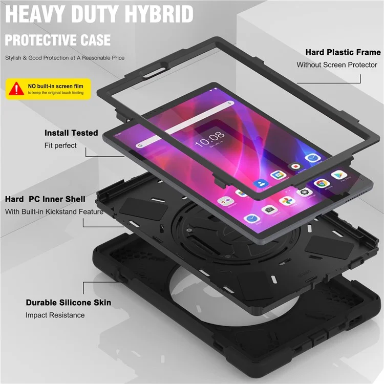 [Встроенный Ремешок Для Держателя Руки] 360 ° Swivel Kickstand PC + Case Case Case Silicone Для Lenovo Tab M10 Plus - Чернить