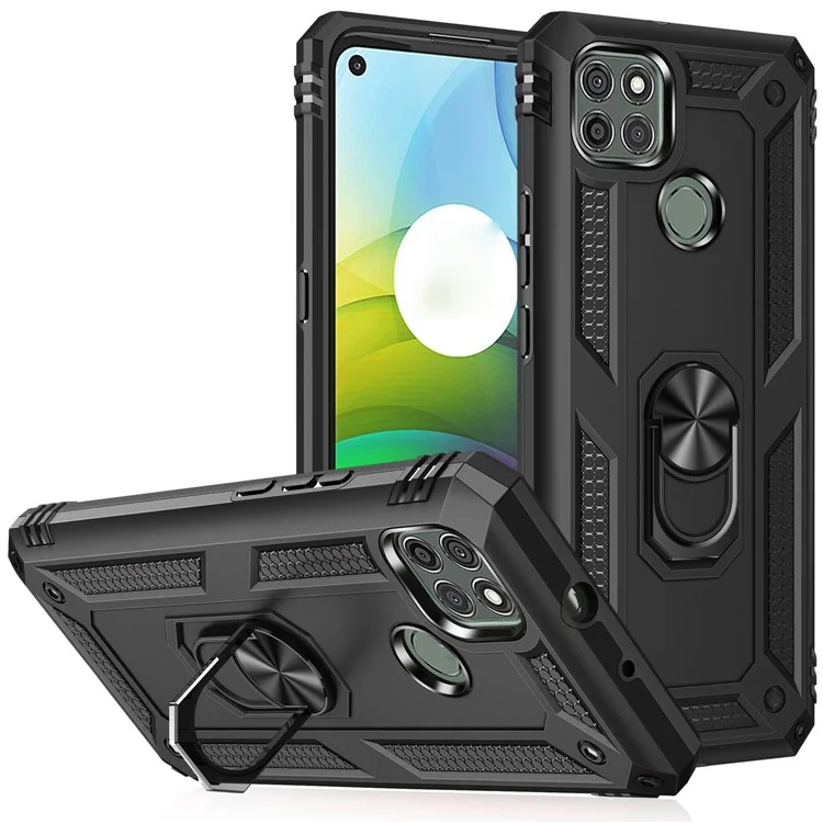 Anel de Metal Anti-queda Anel de Suporte Híbrido de PC TPU Capa para Motorola Moto G9 Power - Preto