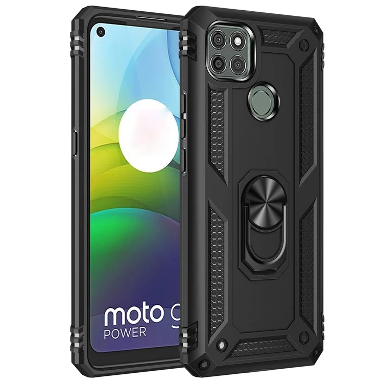 Anel de Metal Anti-queda Anel de Suporte Híbrido de PC TPU Capa para Motorola Moto G9 Power - Preto