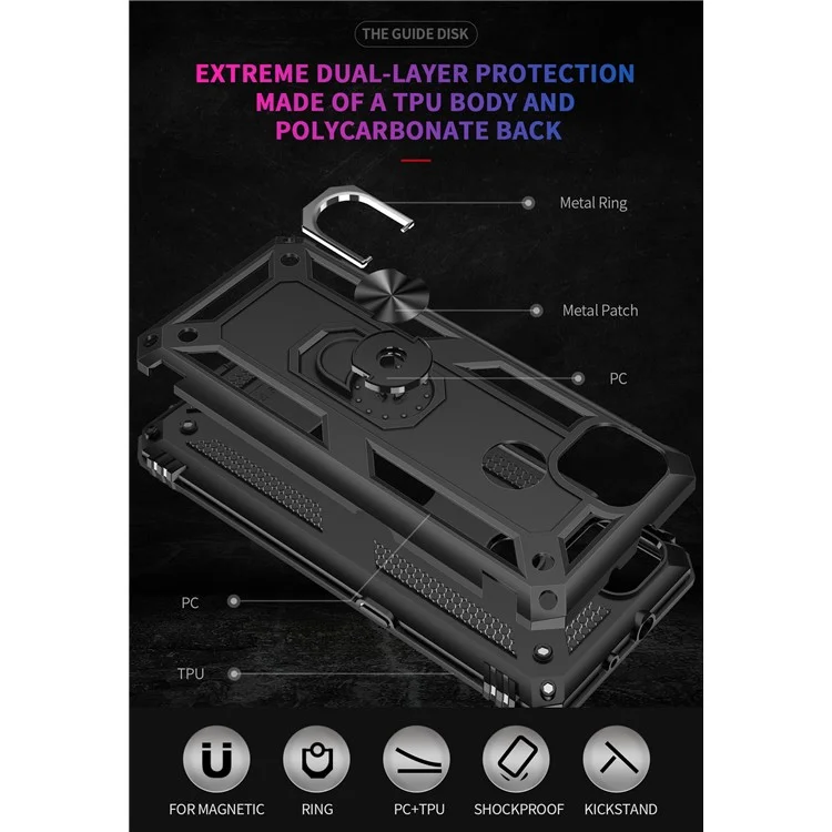 Anel de Metal Anti-queda Anel de Suporte Híbrido de PC TPU Capa para Motorola Moto G9 Power - Preto