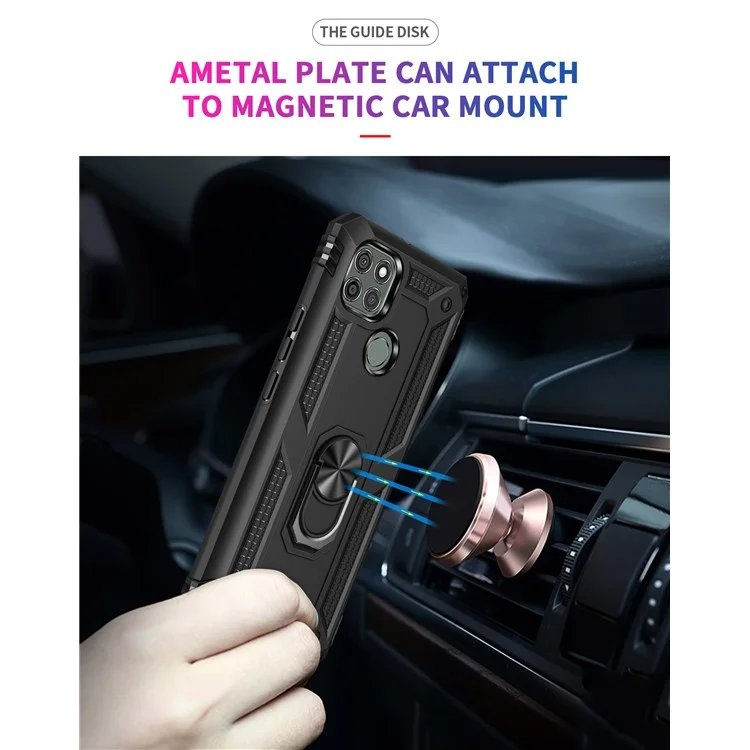 Anel de Metal Anti-queda Anel de Suporte Híbrido de PC TPU Capa para Motorola Moto G9 Power - Preto