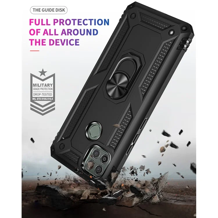 Anel de Metal Anti-queda Anel de Suporte Híbrido de PC TPU Capa para Motorola Moto G9 Power - Preto