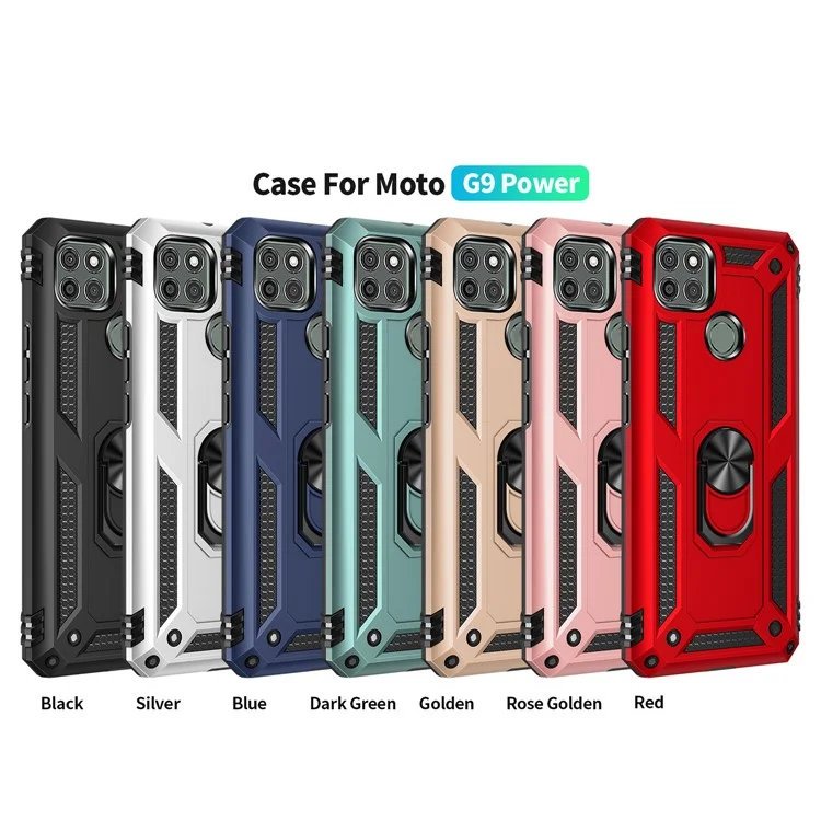 Anel de Metal Anti-queda Anel de Suporte Híbrido de PC TPU Capa para Motorola Moto G9 Power - Preto