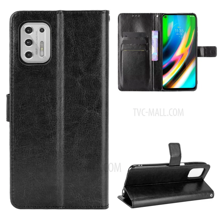 Wallet Stand Design Crazy Horse Skin Leather Phone Cover Shell with Lanyard for Motorola Moto G Stylus 4G (2021) - Black