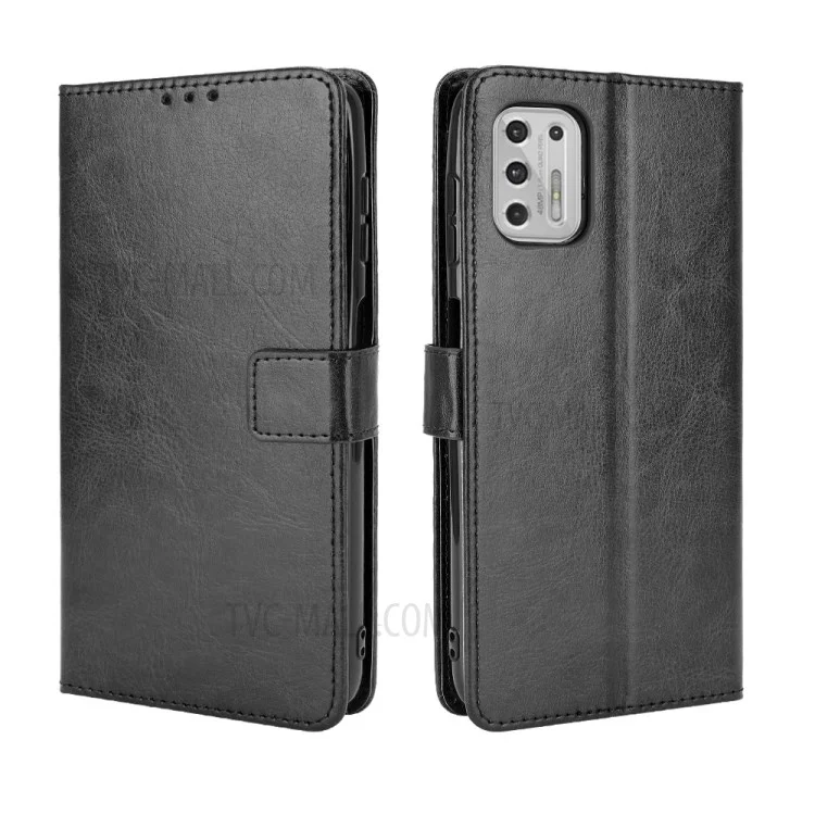 Wallet Stand Design Crazy Horse Skin Leather Phone Cover Shell with Lanyard for Motorola Moto G Stylus 4G (2021) - Black