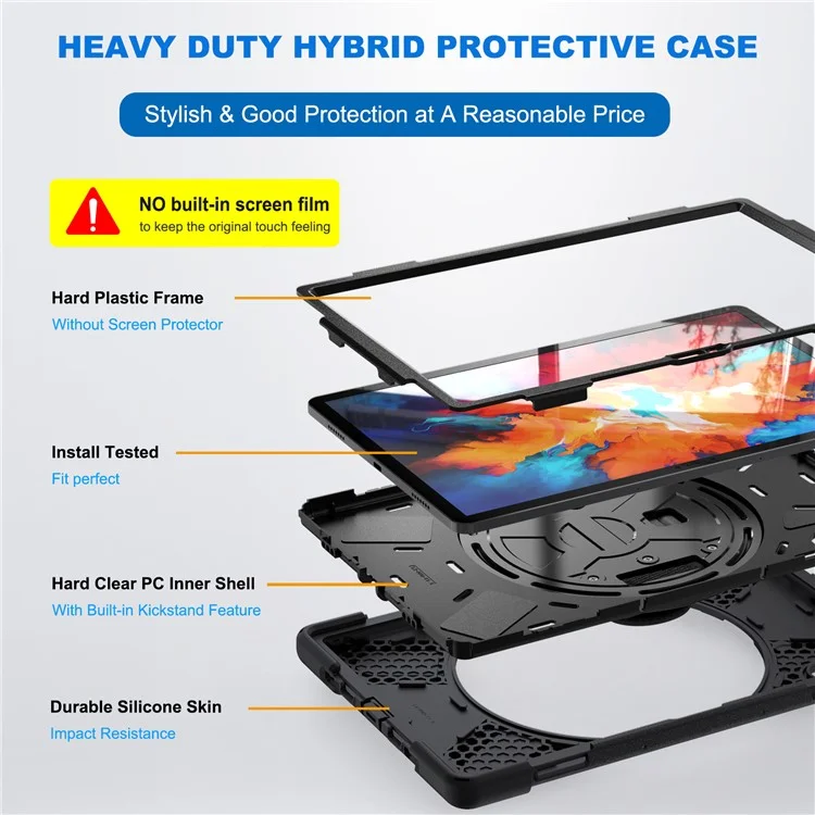 360° Rotary Kickstand Design PC + Silikon Tablet-Gehäuseschale für Lenovo Tab P11 Pro TB-J706F - Schwarz