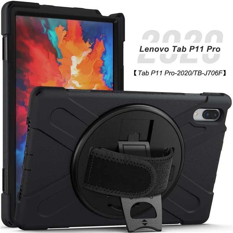 360 ° Kickstand Rotary Design PC + Silicone Tablet Funda Shell + Strap De Soporte De Mano Incorporado Para Lenovo TAB P11 Pro TB-J706F - Negro