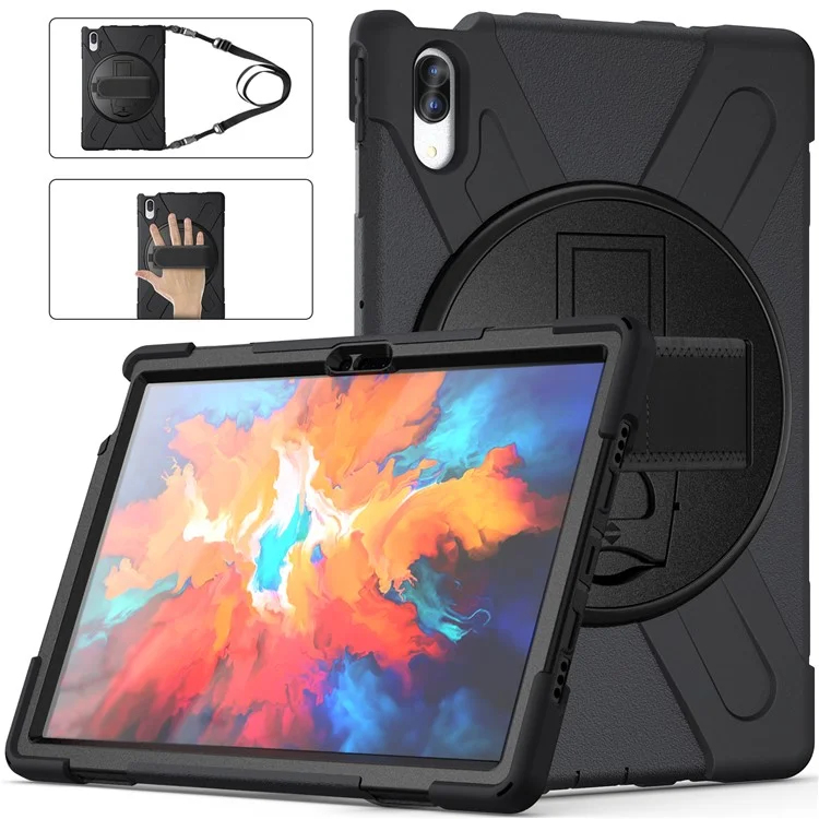 360 Grad Schwenkbare Ständerkonstruktion PC + Silikon-Hybrid-Schutzhülle + Schultergurt für Lenovo Tab P11 Pro TB-J706F - Schwarz