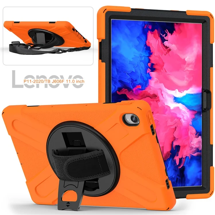 Diseño de Pata Giratoria de 360 ​​grados PC + Silicona Híbrida Case de Tableta Con Correa Para la Mano y Correa Para el Hombro Para la Pestaña Lenovo P11 TB-J606F - Naranja