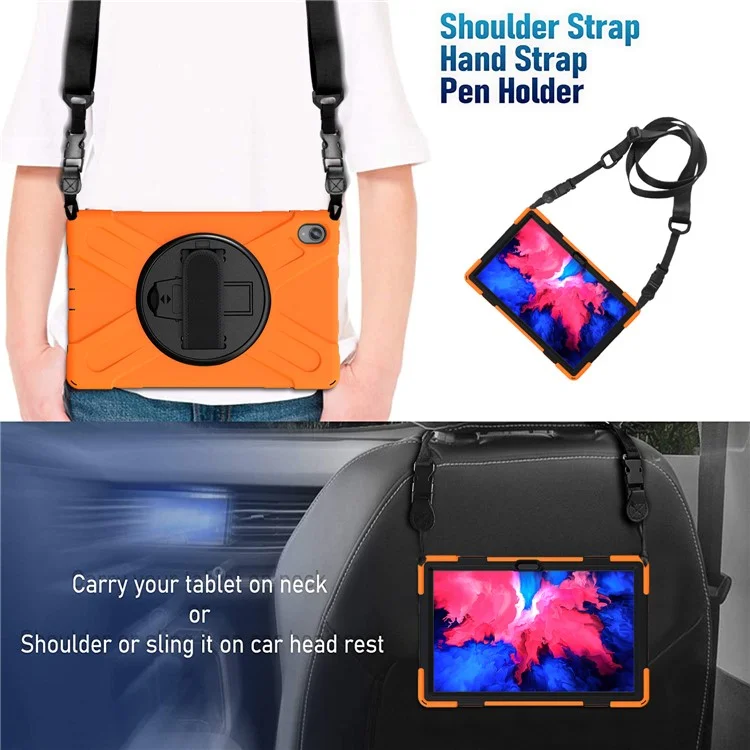 360-grad-schwenk-kickstand-design PC + Silicon Hybrid Tablet Hülle Mit Handgurt Und Schultergurt Für Lenovo Tab P11 TB-J606F - Orange