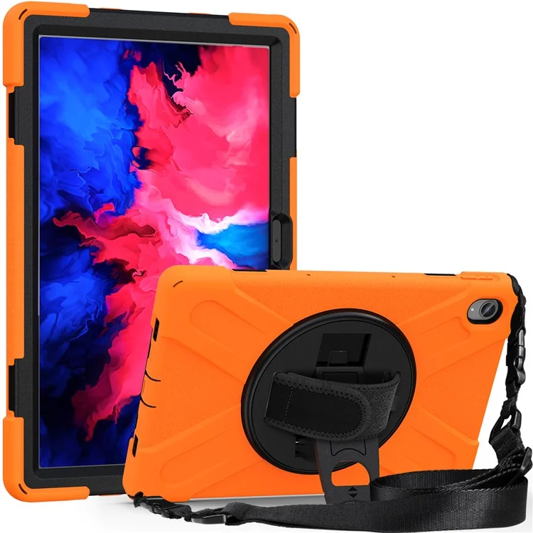 Diseño de Pata Giratoria de 360 ​​grados PC + Silicona Híbrida Case de Tableta Con Correa Para la Mano y Correa Para el Hombro Para la Pestaña Lenovo P11 TB-J606F - Naranja