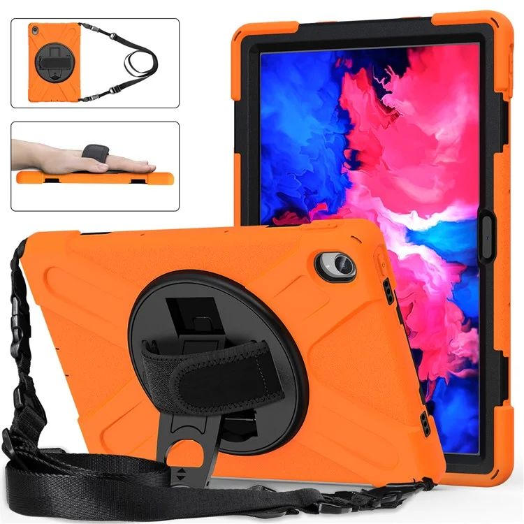 Diseño de Pata Giratoria de 360 ​​grados PC + Silicona Híbrida Case de Tableta Con Correa Para la Mano y Correa Para el Hombro Para la Pestaña Lenovo P11 TB-J606F - Naranja