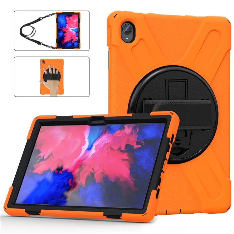 360-grad-schwenk-kickstand-design PC + Silicon Hybrid Tablet Hülle Mit Handgurt Und Schultergurt Für Lenovo Tab P11 TB-J606F - Orange