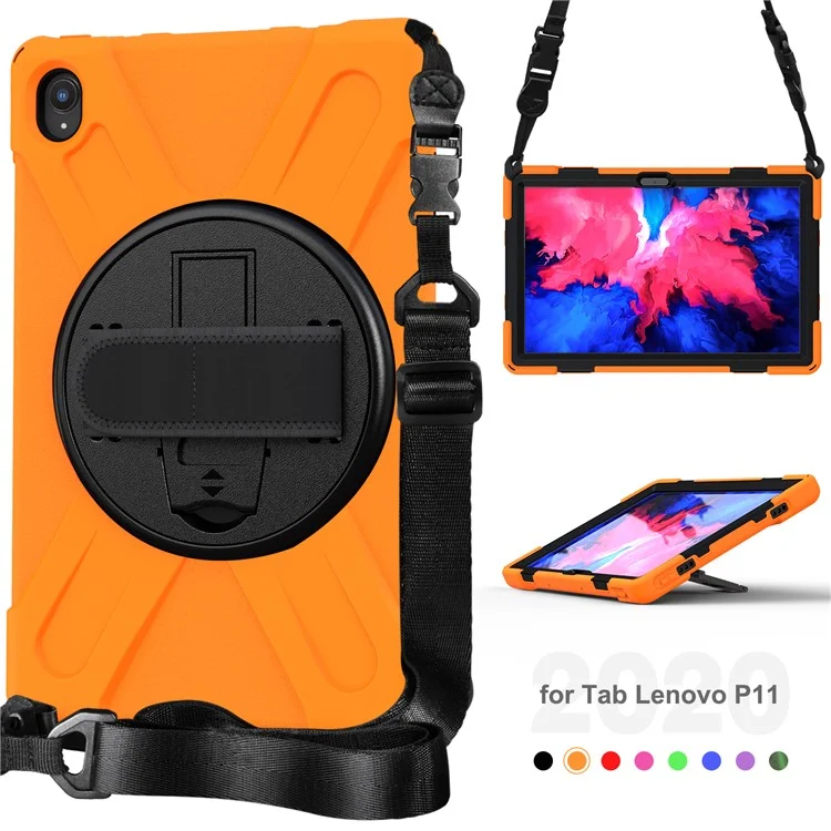 360 Graus de Kickstand Design pc + Case de Comprimido Híbrido de Silicone Com Alça de Mão e Alça de Ombro Para Lenovo Tab P11 TB-J606F - Laranja