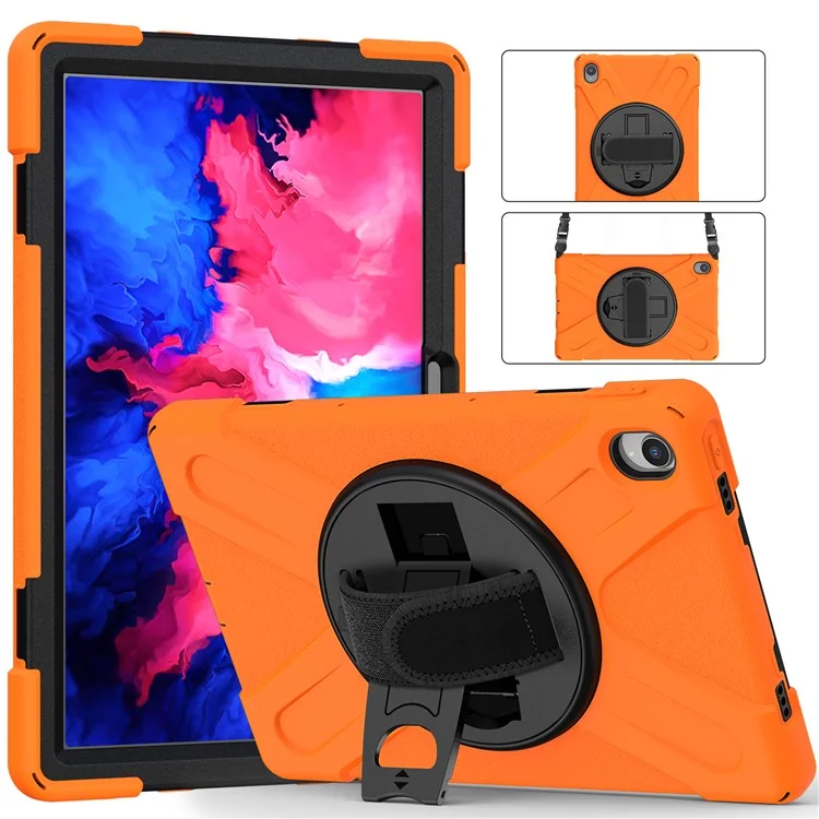 360-grad-schwenk-kickstand-design PC + Silicon Hybrid Tablet Hülle Mit Handgurt Und Schultergurt Für Lenovo Tab P11 TB-J606F - Orange