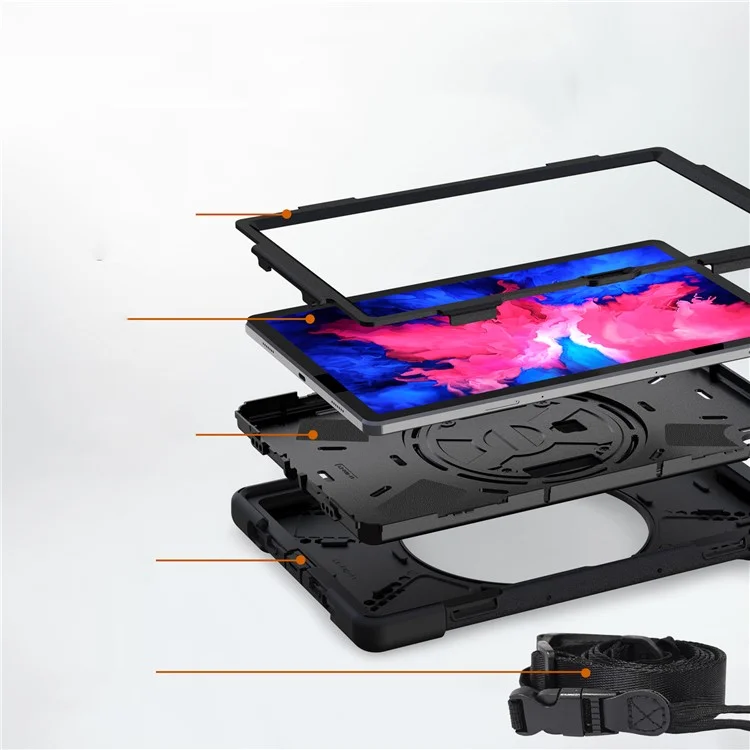 Diseño de Pata Giratoria de 360 ​​grados PC + Silicona Híbrida Case de Tableta Con Correa Para la Mano y Correa Para el Hombro Para la Pestaña Lenovo P11 TB-J606F - Negro