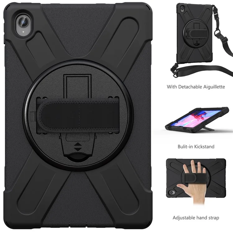 360 Graus de Kickstand Design pc + Case de Comprimido Híbrido de Silicone Com Alça de Mão e Alça de Ombro Para Lenovo Tab P11 TB-J606F - Preto