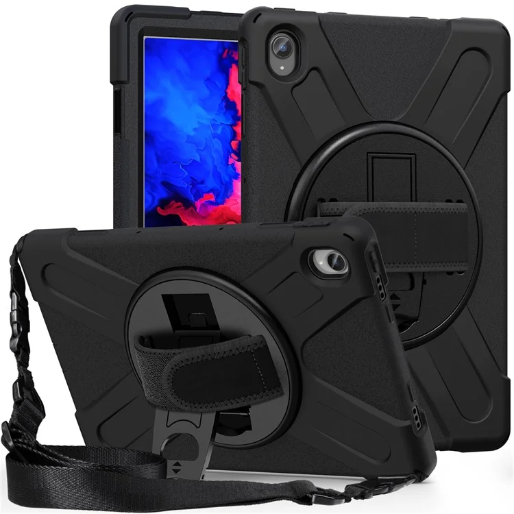 360 Degree Swivel Kickstand Design PC + Silicone Hybrid Tablet Case with Shoulder Strap for Lenovo Tab P11 TB-J606F / Tab P11 5G / Tab P11 5G - Black