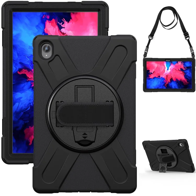 Conception Pivotante à 360 Degrés PC + Boîtier de Tablette Hybride en Silicone Avec Sangle et Bandoulière Pour Lenovo Tab P11 TB-J606F - le Noir