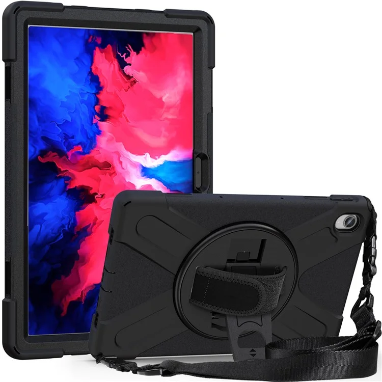 360 Graus de Kickstand Design pc + Case de Comprimido Híbrido de Silicone Com Alça de Mão e Alça de Ombro Para Lenovo Tab P11 TB-J606F - Preto