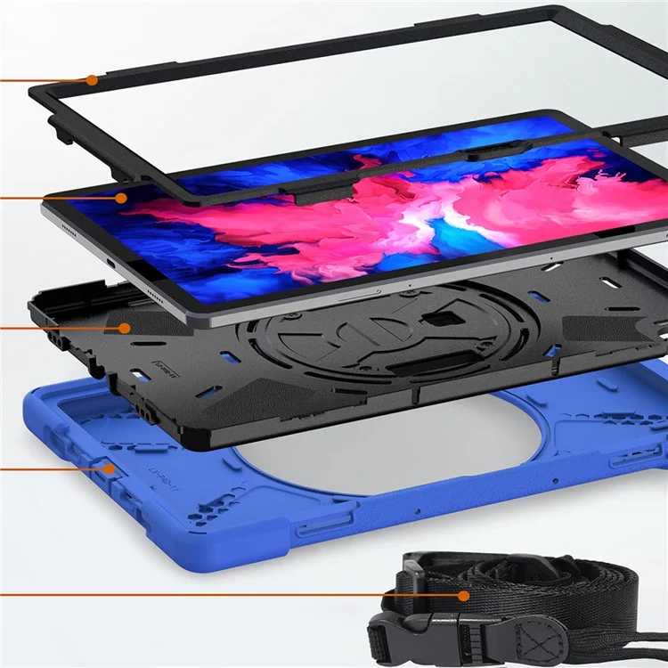 Conception Pivotante à 360 Degrés PC + Boîtier de Tablette Hybride en Silicone Avec Sangle et Bandoulière Pour Lenovo Tab P11 TB-J606F - Bleu