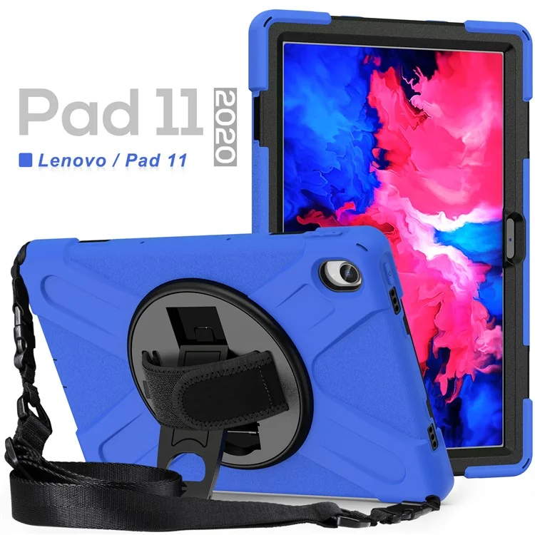 Conception Pivotante à 360 Degrés PC + Boîtier de Tablette Hybride en Silicone Avec Sangle et Bandoulière Pour Lenovo Tab P11 TB-J606F - Bleu