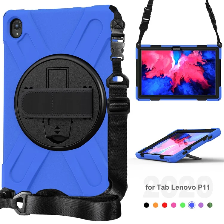 Conception de support pivotant à 360 degrés Étui hybride en PC + silicone avec sangle pour Lenovo Tab P11 TB-J606F / Tab P11 5G / Tab P11 5G - Bleu