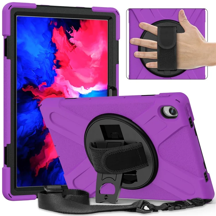 360 Graus de Kickstand Design pc + Case de Comprimido Híbrido de Silicone Com Alça de Mão e Alça de Ombro Para Lenovo Tab P11 TB-J606F - Roxo