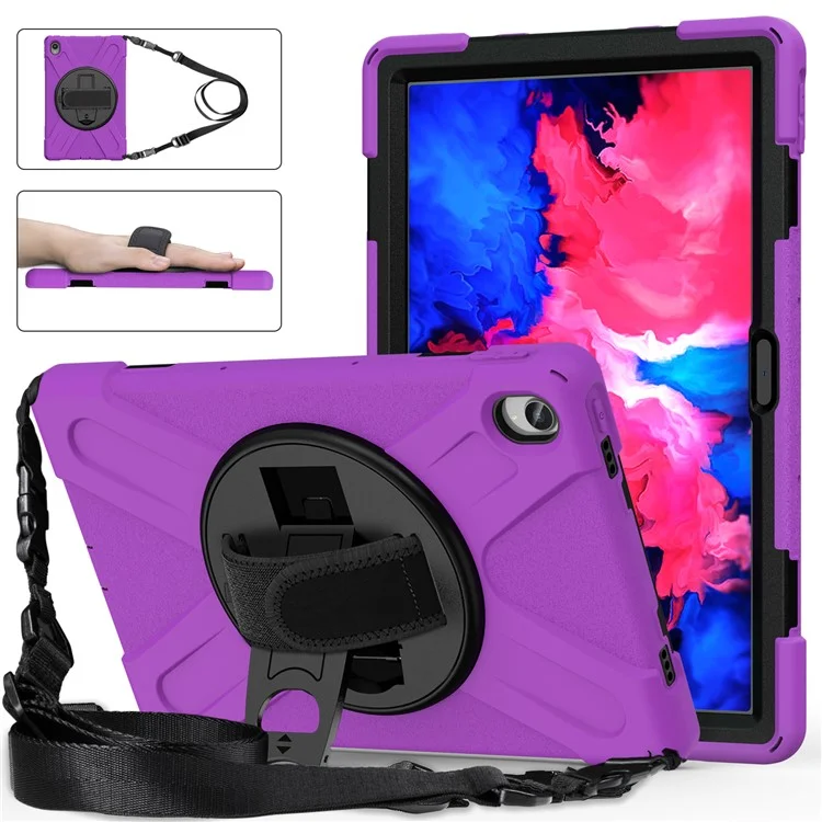 360 Degree Swivel Kickstand Design PC + Silicone Hybrid Tablet Case with Shoulder Strap for Lenovo Tab P11 TB-J606F / Tab P11 5G / Tab P11 5G - Purple