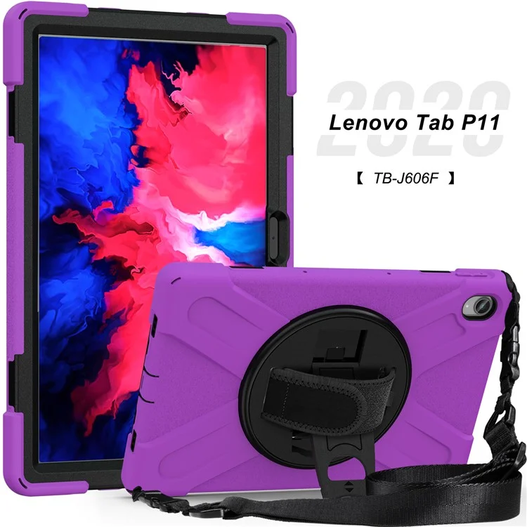 360 Graus de Kickstand Design pc + Case de Comprimido Híbrido de Silicone Com Alça de Mão e Alça de Ombro Para Lenovo Tab P11 TB-J606F - Roxo