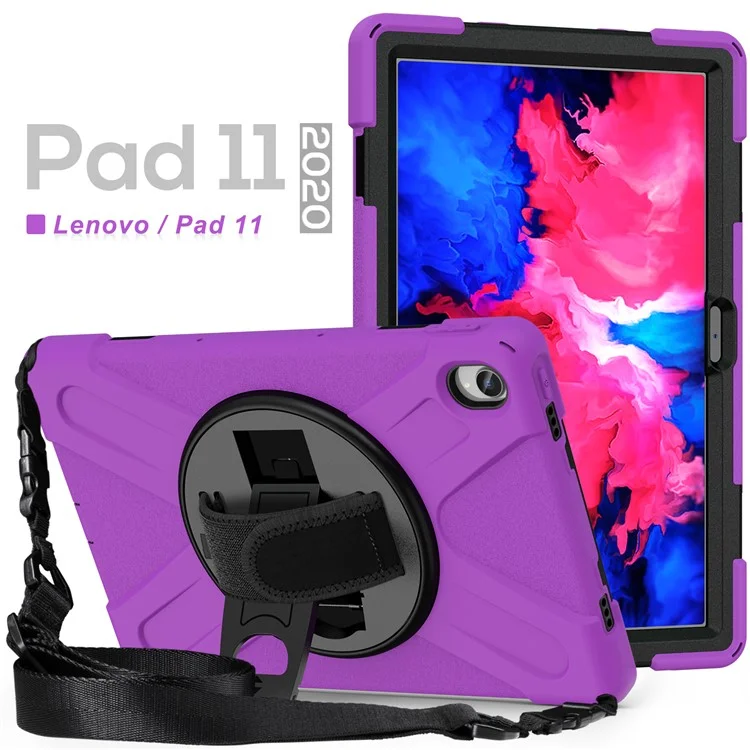 360 Graus de Kickstand Design pc + Case de Comprimido Híbrido de Silicone Com Alça de Mão e Alça de Ombro Para Lenovo Tab P11 TB-J606F - Roxo