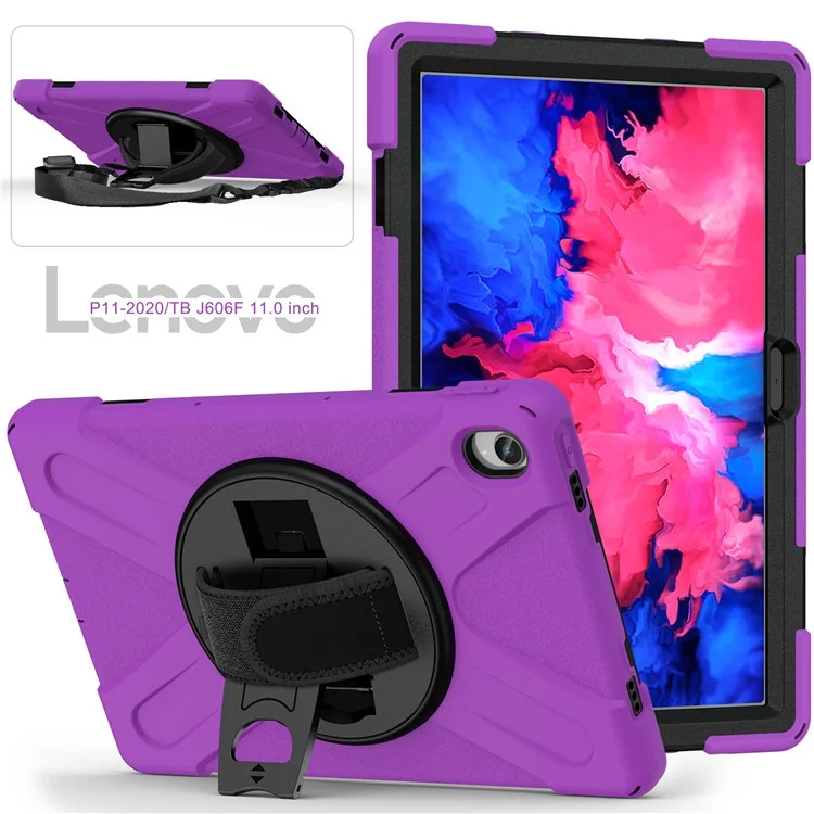 360 Degree Swivel Kickstand Design PC + Silicone Hybrid Tablet Case with Shoulder Strap for Lenovo Tab P11 TB-J606F / Tab P11 5G / Tab P11 5G - Purple