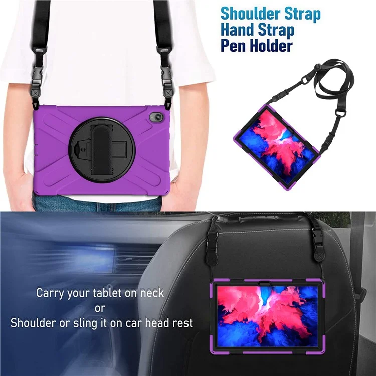 360 Degree Swivel Kickstand Design PC + Silicone Hybrid Tablet Case with Shoulder Strap for Lenovo Tab P11 TB-J606F / Tab P11 5G / Tab P11 5G - Purple