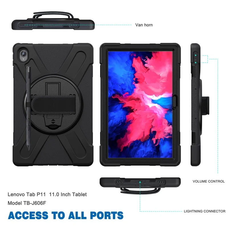 360° Rotary Kickstand Design PC + Silicone Tablet Case Shell for Lenovo Tab P11 TB-J606F / Tab P11 5G / Tab P11 Plus TB-J616 - Black