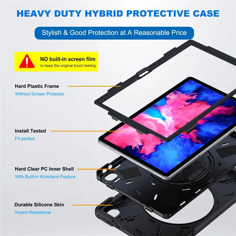 360° Rotary Kickstand Design PC + Silicone Tablet Case Shell for Lenovo Tab P11 TB-J606F / Tab P11 5G / Tab P11 Plus TB-J616 - Black