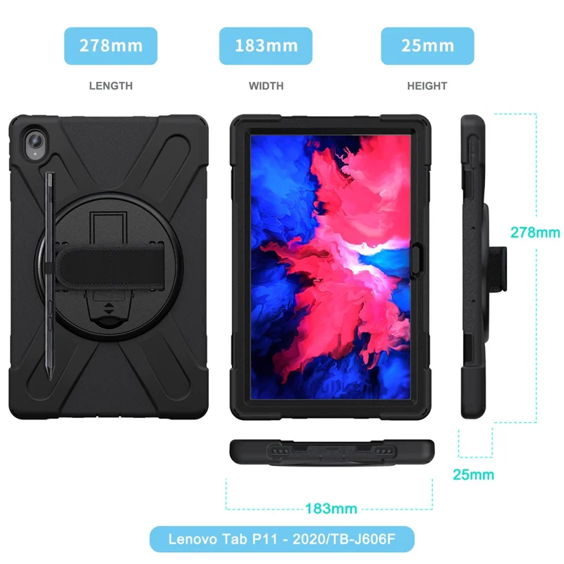 360° Rotary Kickstand Design PC + Silicone Tablet Case Shell for Lenovo Tab P11 TB-J606F / Tab P11 5G / Tab P11 Plus TB-J616 - Black