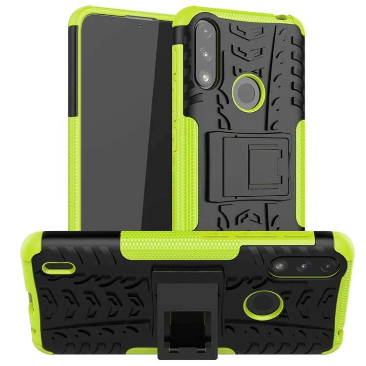 Foldable Kickstand for Motorola Moto E7 Power/Moto E7i Power Cool Tyre PC + TPU Hybrid Shell Case - Green