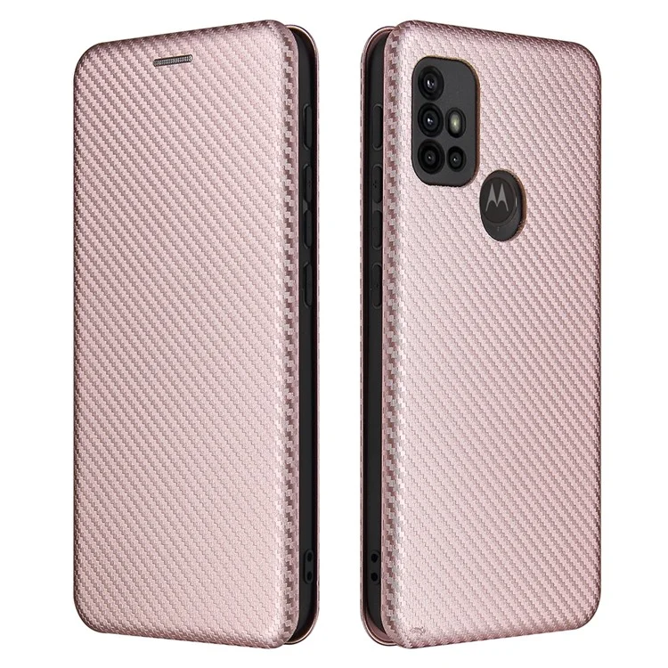 Support Auto-absorbé Texture en Fibre de Carbone Couverture de Coque en Cuir Pour Motorola Moto G30 / G20 / G10 - or Rose