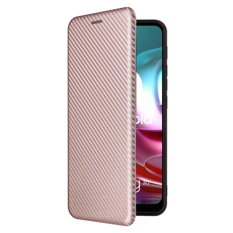 Support Auto-absorbé Texture en Fibre de Carbone Couverture de Coque en Cuir Pour Motorola Moto G30 / G20 / G10 - or Rose