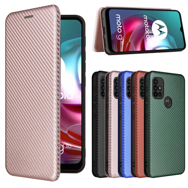 Support Auto-absorbé Texture en Fibre de Carbone Couverture de Coque en Cuir Pour Motorola Moto G30 / G20 / G10 - or Rose