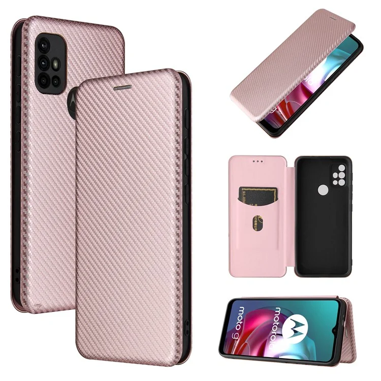 Support Auto-absorbé Texture en Fibre de Carbone Couverture de Coque en Cuir Pour Motorola Moto G30 / G20 / G10 - or Rose