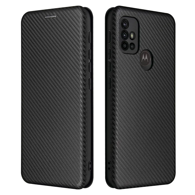 Support Auto-absorbé Texture en Fibre de Carbone Couverture de Coque en Cuir Pour Motorola Moto G30 / G20 / G10 - le Noir