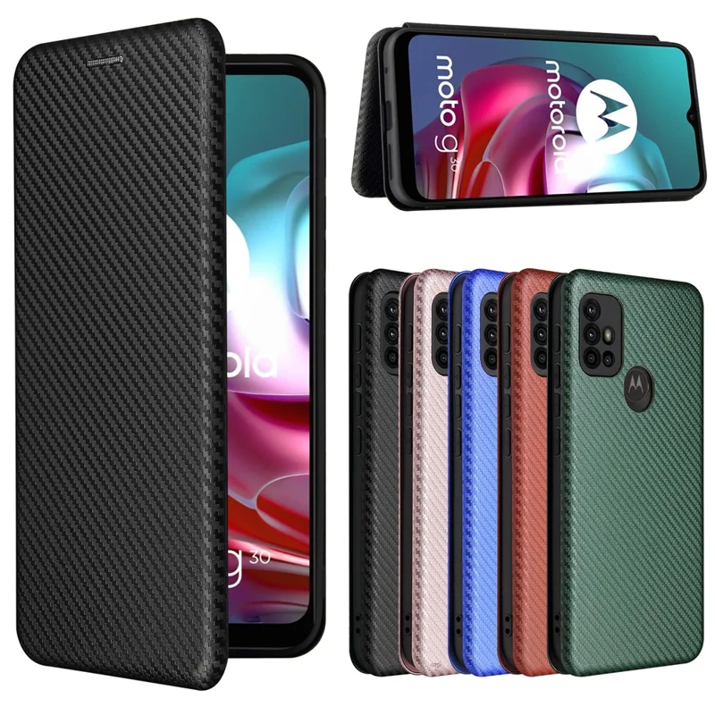 Support Auto-absorbé Texture en Fibre de Carbone Couverture de Coque en Cuir Pour Motorola Moto G30 / G20 / G10 - le Noir